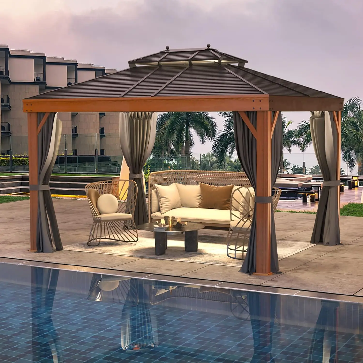 10x13ft Wood Grain Aluminum Frame Gazebo Double Galvanized Steel Hardtop Roof Curtains Nettings Patio Backyard Deck Customized
10x13ft Wood Grain Aluminum Frame Gazebo Double Galvanized Steel Hardtop Roof Curtains Nettings Patio Backyard Deck Customized
