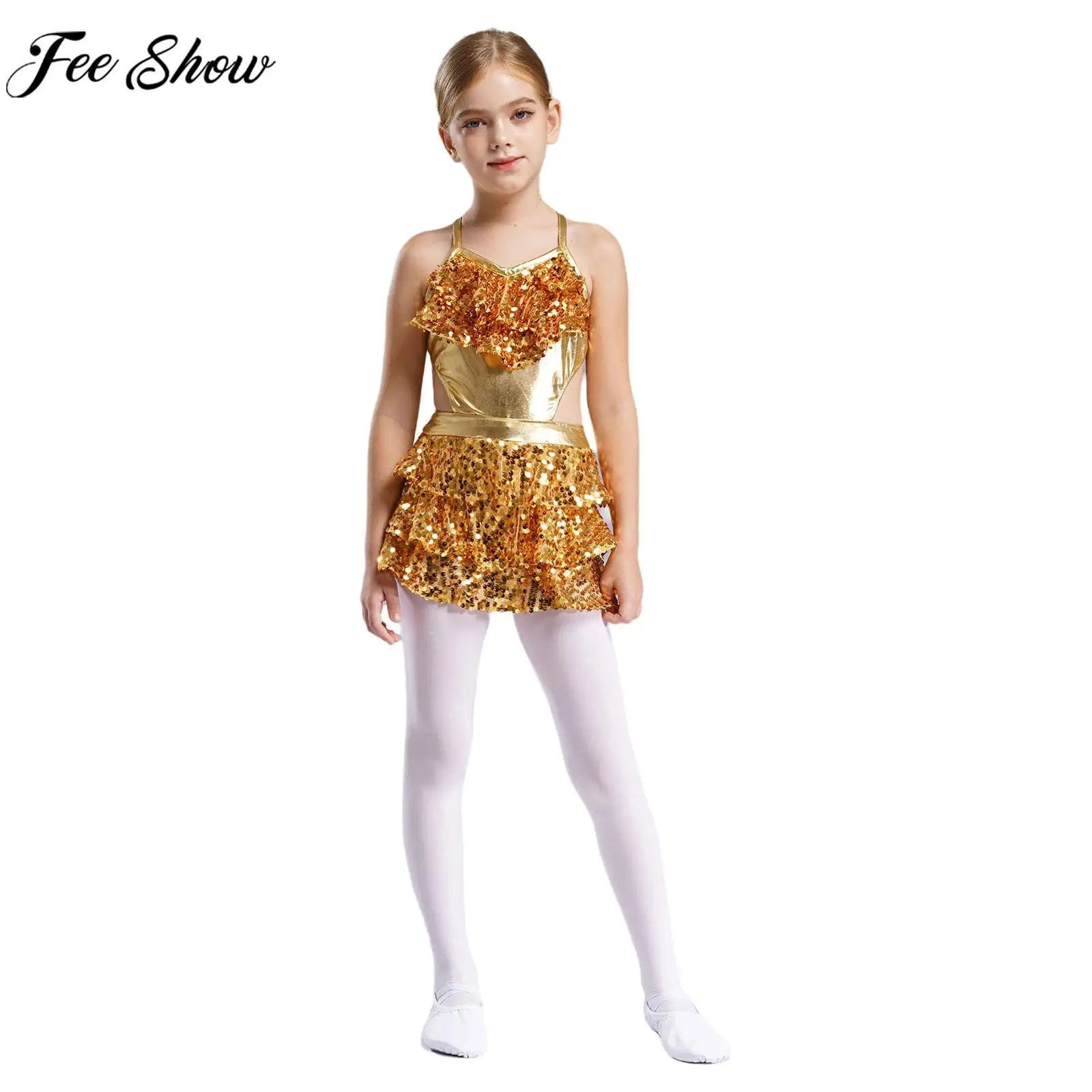 Kids Girls Sleeveless Latin Jazz Dance Dress Cha-cha Samba Rumba Tango Performance Costume Metallic Sequin Cutout Bodysuit Tutu
Kids Girls Sleeveless Latin Jazz Dance Dress Cha-cha Samba Rumba Tango Performance Costume Metallic Sequin Cutout Bodysuit Tutu