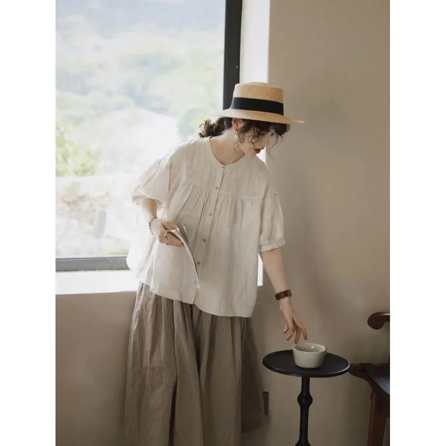 Elegant Cotton Linen Shirt Jacket Doll Top Women's Summer New Style Commute Artistic round Neck Short Sleeve Formal Casual
Elegant Cotton Linen Shirt Jacket Doll Top Women's Summer New Style Commute Artistic round Neck Short Sleeve Formal Casual