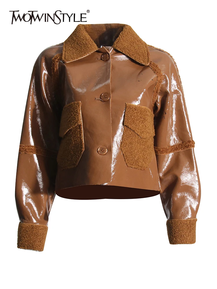 TWOTWINSTYLE Solid Paichwork Pocket Leather Jacket For Women Lapel Long Sleeve Spliced Single Breasted Loose Jackets Female New
TWOTWINSTYLE Solid Paichwork Pocket Leather Jacket For Women Lapel Long Sleeve Spliced Single Breasted Loose Jackets Female New