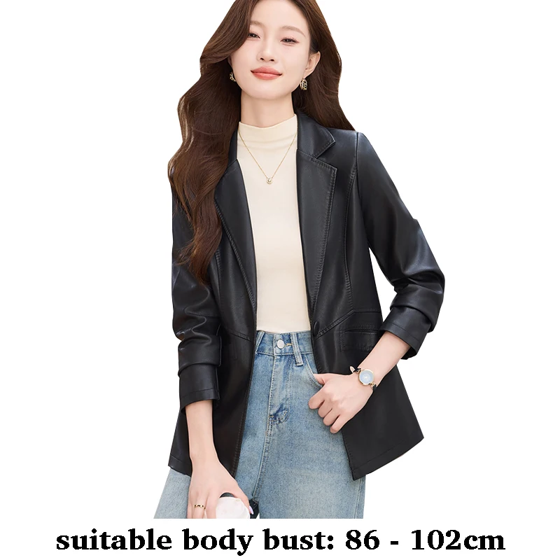 High quality women long leather blazer notch collar one button jacket autumn winter new 2025 elegant office clothes black brown 
High quality women long leather blazer notch collar one button jacket autumn winter new 2025 elegant office clothes black brown