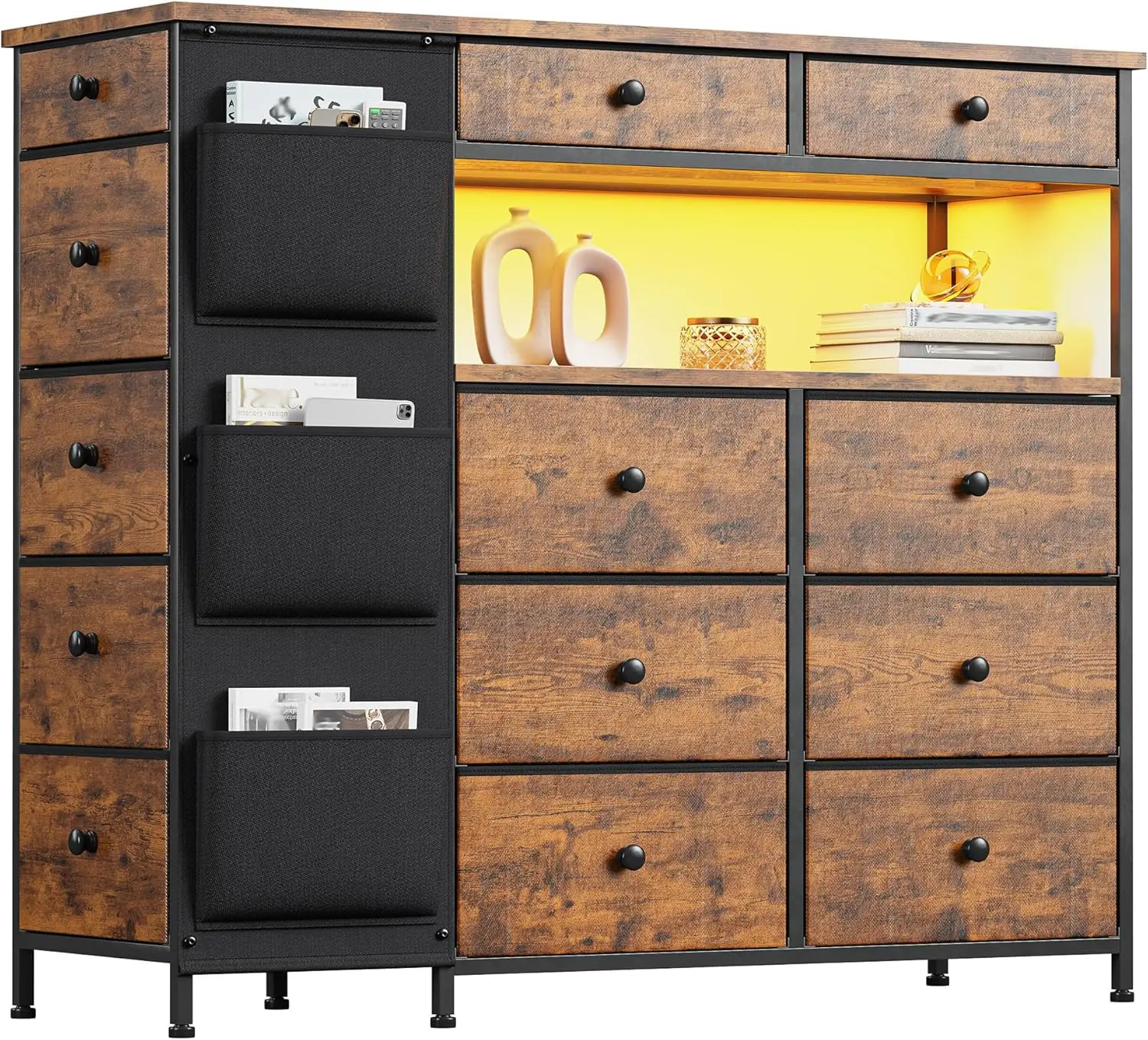 Комод с 13 ящиками для спальни со светодиодной подсветкой и 3 боковыми карманами, тумба-остров с 2 открытыми полками, тканевые комоды
Комод с 13 ящиками для спальни со светодиодной подсветкой и 3 боковыми карманами, тумба-остров с 2 открытыми полками, тканевые комоды