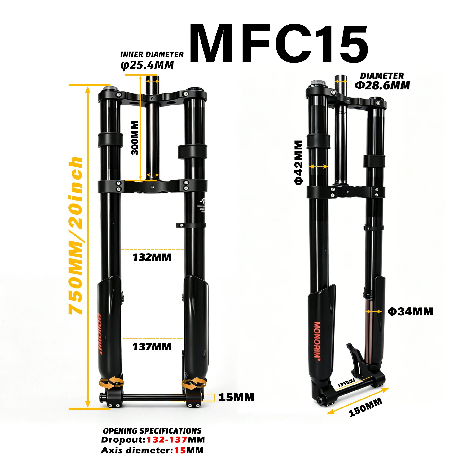 Monorim MFC15 front hydraulic front suspension for Road/Foldable fat-tire ebike or emoto upgrade to be more safety and comfort
Monorim MFC15 front hydraulic front suspension for Road/Foldable fat-tire ebike or emoto upgrade to be more safety and comfort