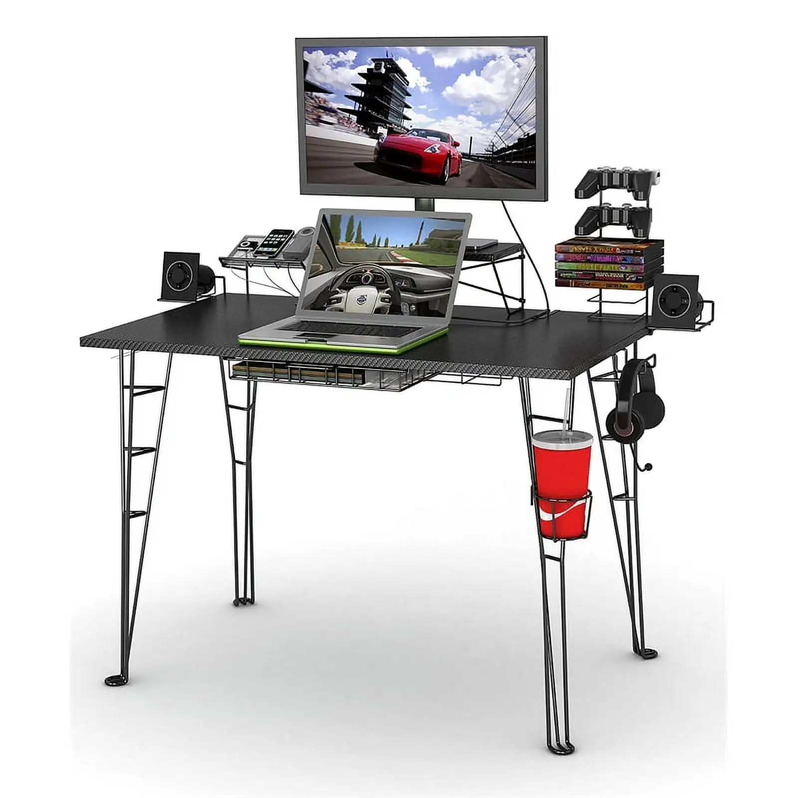29.5" H Black Computer Gaming Desk with Monitor Stand, Charging Station and Storage
29.5" H Black Computer Gaming Desk with Monitor Stand, Charging Station and Storage