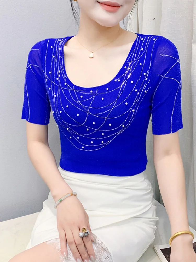 Faionable Glitter T-shirt Women's ort Sve Summer Design Sensation Embellied Me Top Ele Slimming Korean Sle
Faionable Glitter T-shirt Women's ort Sve Summer Design Sensation Embellied Me Top Ele Slimming Korean Sle