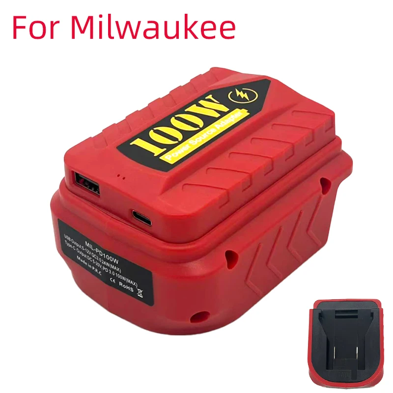 PD100W USB Battery Adapter Compatible for Milwaukee 18/20V Batteries with USB and Type-C Ports for Charging Electronic Devices
PD100W USB Battery Adapter Compatible for Milwaukee 18/20V Batteries with USB and Type-C Ports for Charging Electronic Devices