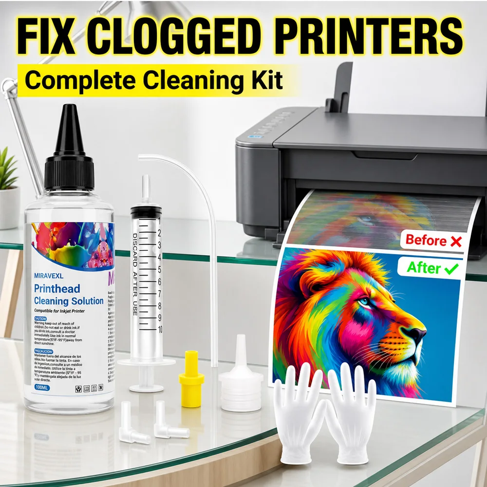 MIRAVEXL Printhead Cleaning Solution 100ml Kit Unclog Clogged Nozzle Liquid Wash Tool Set for Inkjet Printers Restores Printing
MIRAVEXL Printhead Cleaning Solution 100ml Kit Unclog Clogged Nozzle Liquid Wash Tool Set for Inkjet Printers Restores Printing