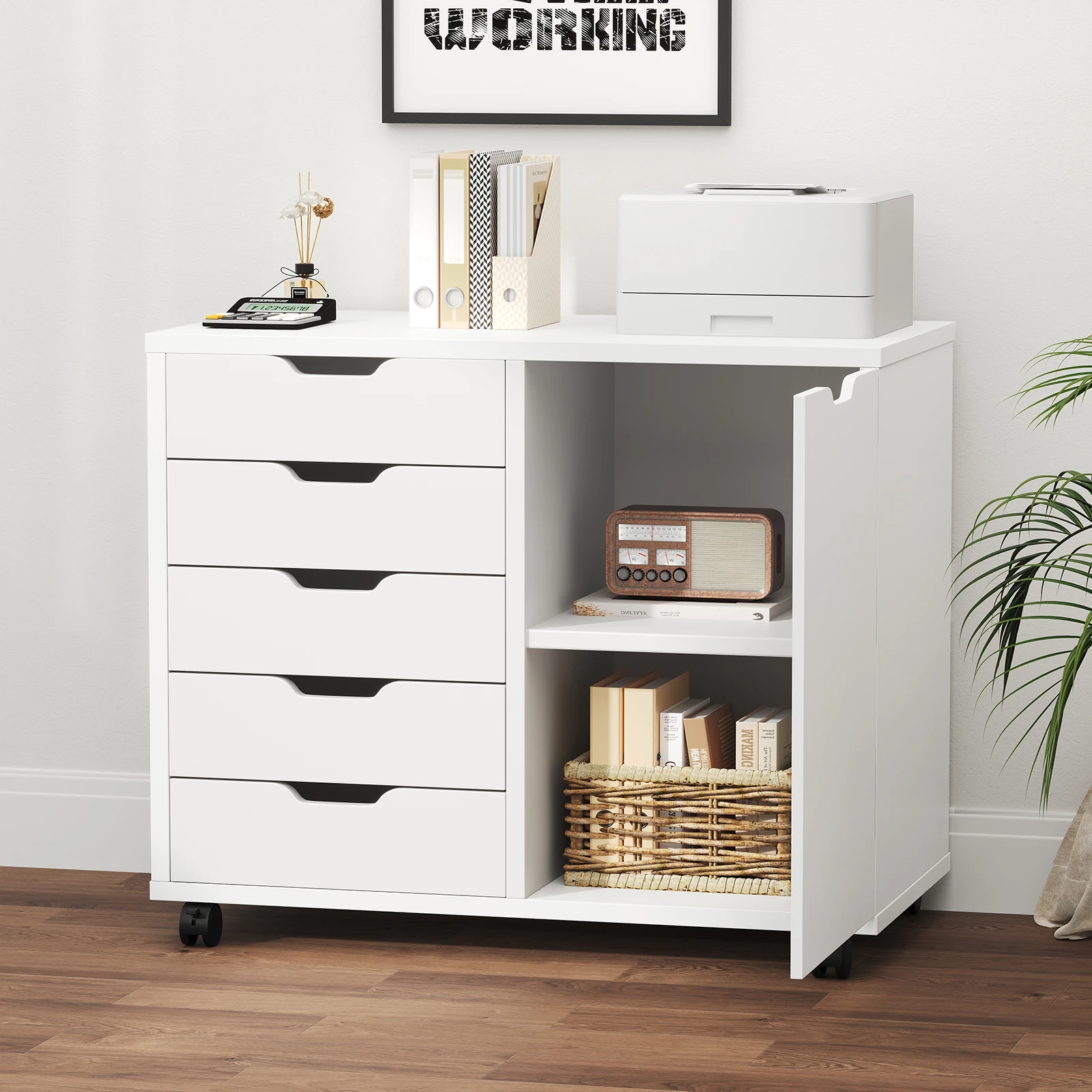 JHK Wood 5 Drawers Cabinets Organizer with Wheels Rolliing File Cabinet with Shelves and Door Printer Stand for Home Office
JHK Wood 5 Drawers Cabinets Organizer with Wheels Rolliing File Cabinet with Shelves and Door Printer Stand for Home Office
