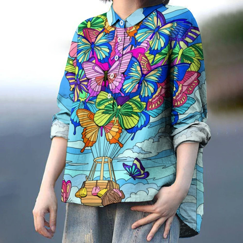 Blue Casual Lapel Shirt with Colorful Butterfly Kite Print, Long Sleeve Blouse, Chic Designer, New Trend Wear Clothing
Blue Casual Lapel Shirt with Colorful Butterfly Kite Print, Long Sleeve Blouse, Chic Designer, New Trend Wear Clothing