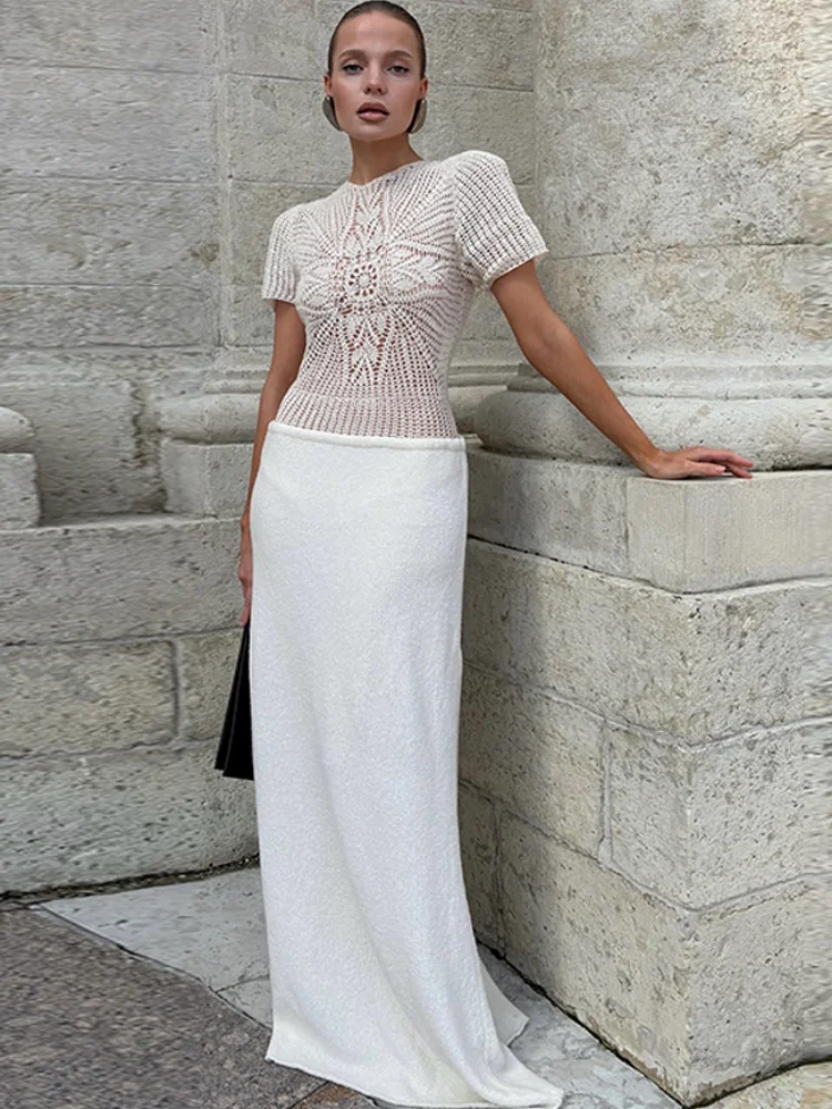 Elegant Knitted Jumpsuit Long Skirts Set Women See Through Shoulder Pads Tops Long Straight Skirts 2025 Summer Lady Beach Outfit
Elegant Knitted Jumpsuit Long Skirts Set Women See Through Shoulder Pads Tops Long Straight Skirts 2025 Summer Lady Beach Outfit