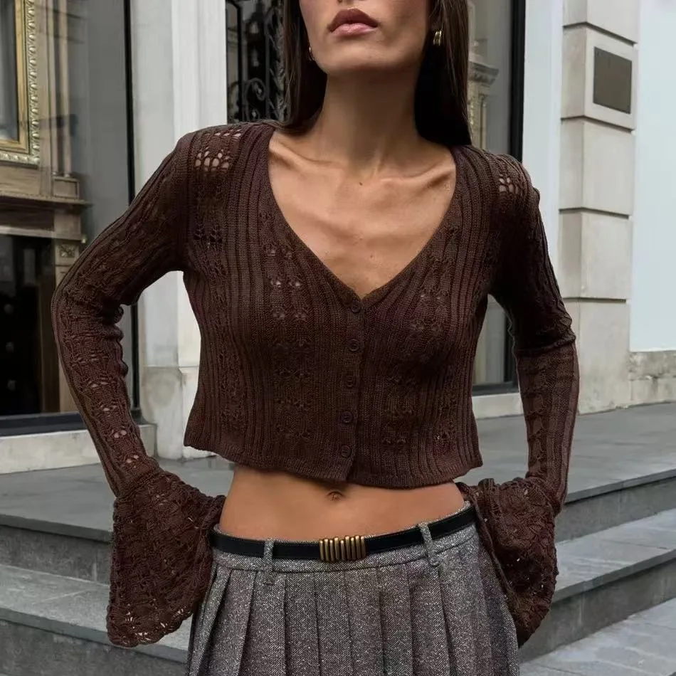 Solid Hollow Out Cardigan Knit Women Flare Sleeve Single Button Slim V-Neck Crop Tops Female 2025 New Summer High Street Outfits
Solid Hollow Out Cardigan Knit Women Flare Sleeve Single Button Slim V-Neck Crop Tops Female 2025 New Summer High Street Outfits