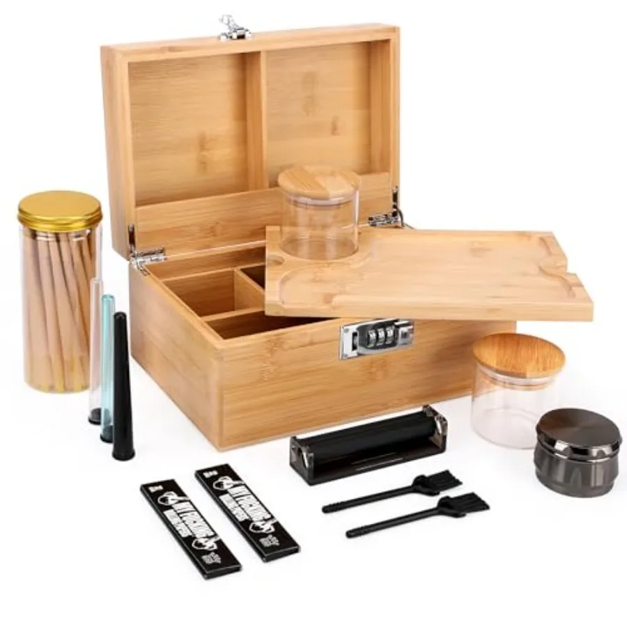 Large Bamboo Storage Box with Combination Lock, Removable Wooden Tray, Airtight Rubber Seal Glass Jars, Discreet Decorative Loc
Large Bamboo Storage Box with Combination Lock, Removable Wooden Tray, Airtight Rubber Seal Glass Jars, Discreet Decorative Loc