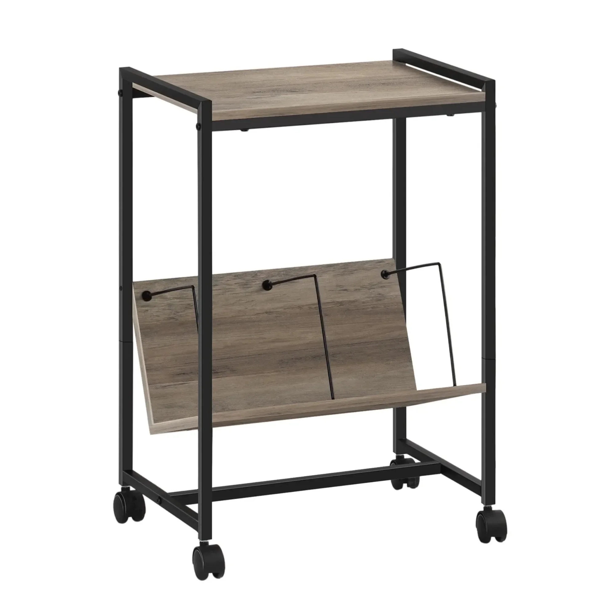 Double-tiered side table record player stand takes up little space, yet the top tier can accommodate most sized record players
Double-tiered side table record player stand takes up little space, yet the top tier can accommodate most sized record players