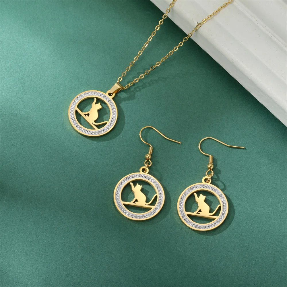 Cat Pendant Earring Necklace Set Cartoon Cute Animal Dangle Earrings Women Girls Zircon Stainless Steel Jewelry Best Friend Gift
Cat Pendant Earring Necklace Set Cartoon Cute Animal Dangle Earrings Women Girls Zircon Stainless Steel Jewelry Best Friend Gift