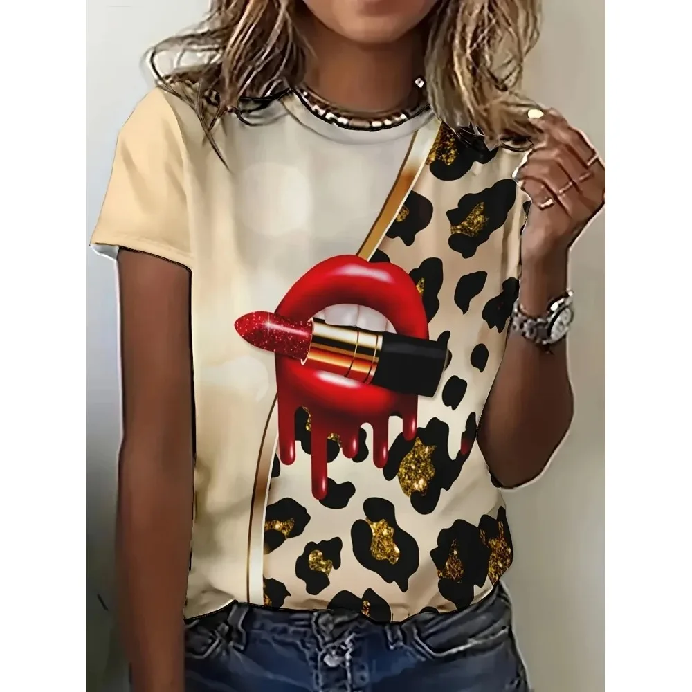 Топ с короткими рукавами с 3D леопардовым принтом и принтом губной помады, летняя повседневная повседневная женская футболка, городская уличная мода, женская Y2K 
Топ с короткими рукавами с 3D леопардовым принтом и принтом губной помады, летняя повседневная повседневная женская футболка, городская уличная мода, женская Y2K