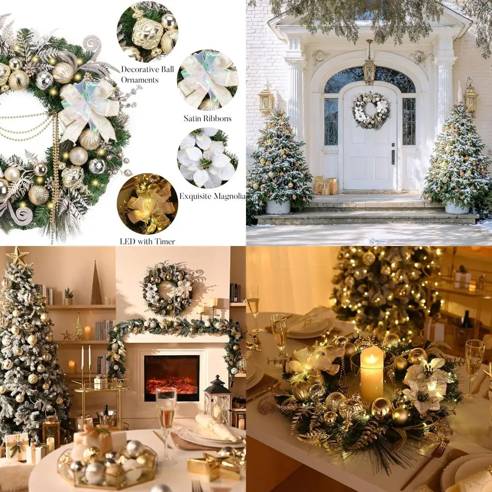 24 Inch Pre-Lit Christmas Wreath with White & Gold Balls for Outdoor Door, Porch, or Window Holiday Decor
24 Inch Pre-Lit Christmas Wreath with White & Gold Balls for Outdoor Door, Porch, or Window Holiday Decor