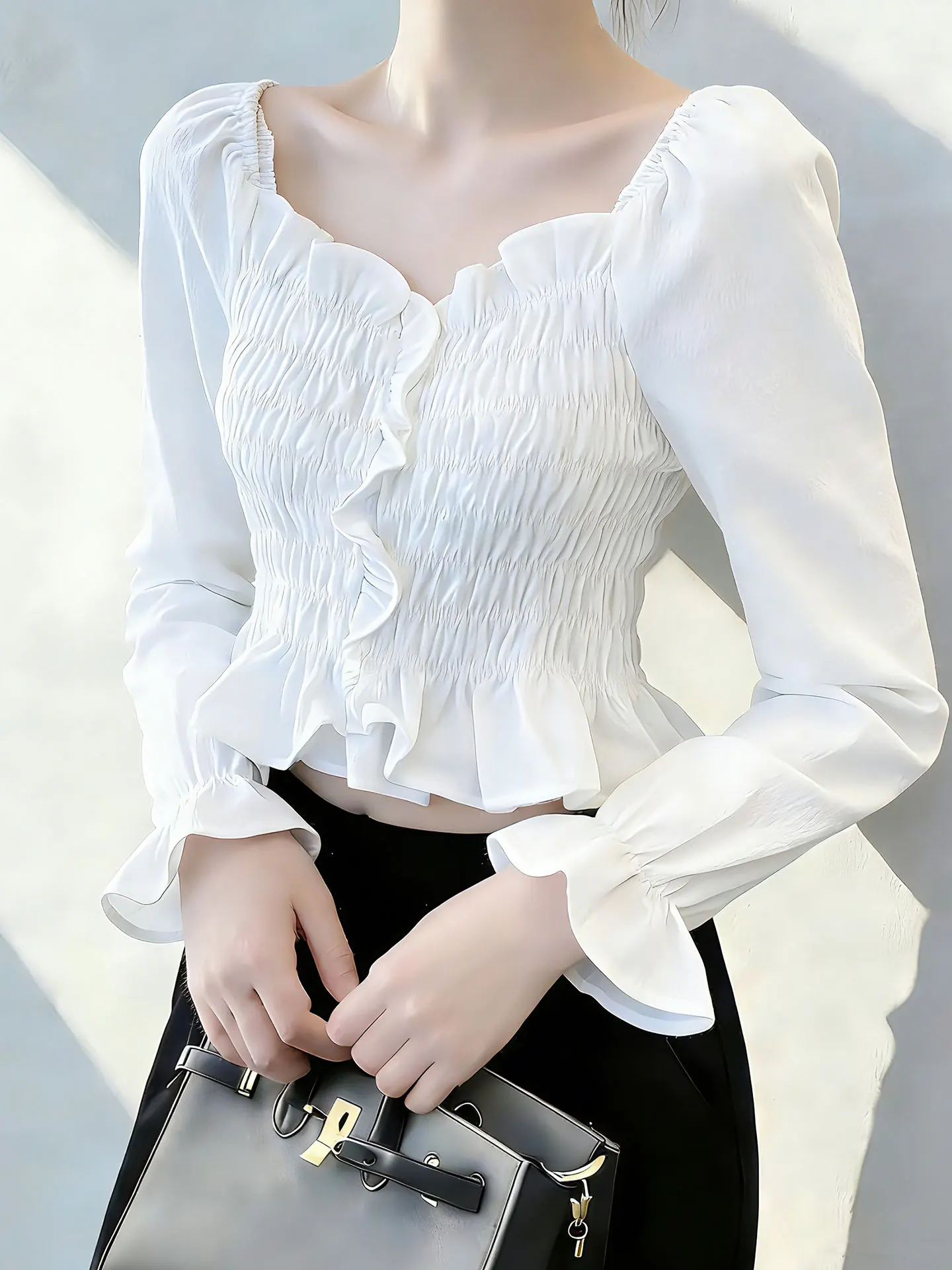 Ele White Long Sve irt Women's Slim Fit Crumpled Waist in Korean Sle Commute Silk Top High-End Brand Spring
Ele White Long Sve irt Women's Slim Fit Crumpled Waist in Korean Sle Commute Silk Top High-End Brand Spring