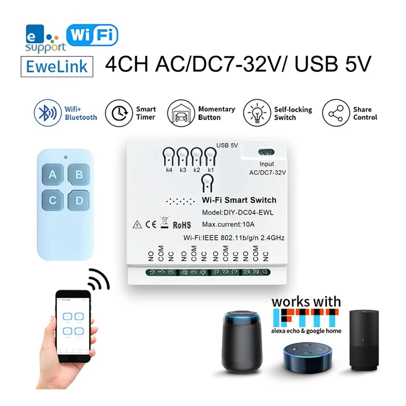 4CH Ewelink Wi-Fi умный переключатель + пульт дистанционного управления 85-265 В USB 5 В 2,4G Wi-Fi модуль домашней автоматизации для IFTT Alexa Google Home Durable
4CH Ewelink Wi-Fi умный переключатель + пульт дистанционного управления 85-265 В USB 5 В 2,4G Wi-Fi модуль домашней автоматизации для IFTT Alexa Google Home Durable