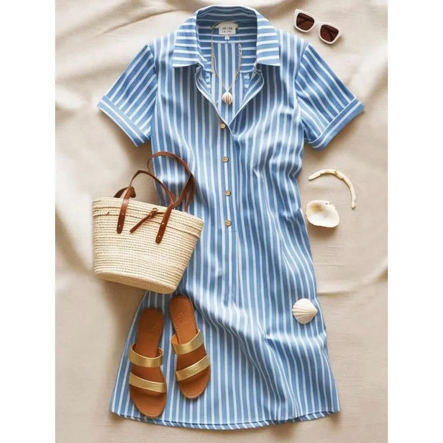 【New style】Franclia Women's Striped Lapel Short Sleeve Casual Dress, Summer Holiday Dress
【New style】Franclia Women's Striped Lapel Short Sleeve Casual Dress, Summer Holiday Dress