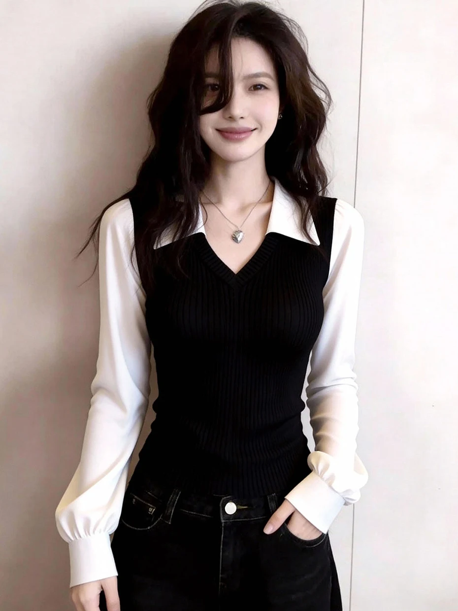 Стильная универсальная черно-белая женская рубашка с V-образным вырезом, приталенный топ для офиса, весна 2026, корейский свободный крой, длинный рукав
Стильная универсальная черно-белая женская рубашка с V-образным вырезом, приталенный топ для офиса, весна 2026, корейский свободный крой, длинный рукав