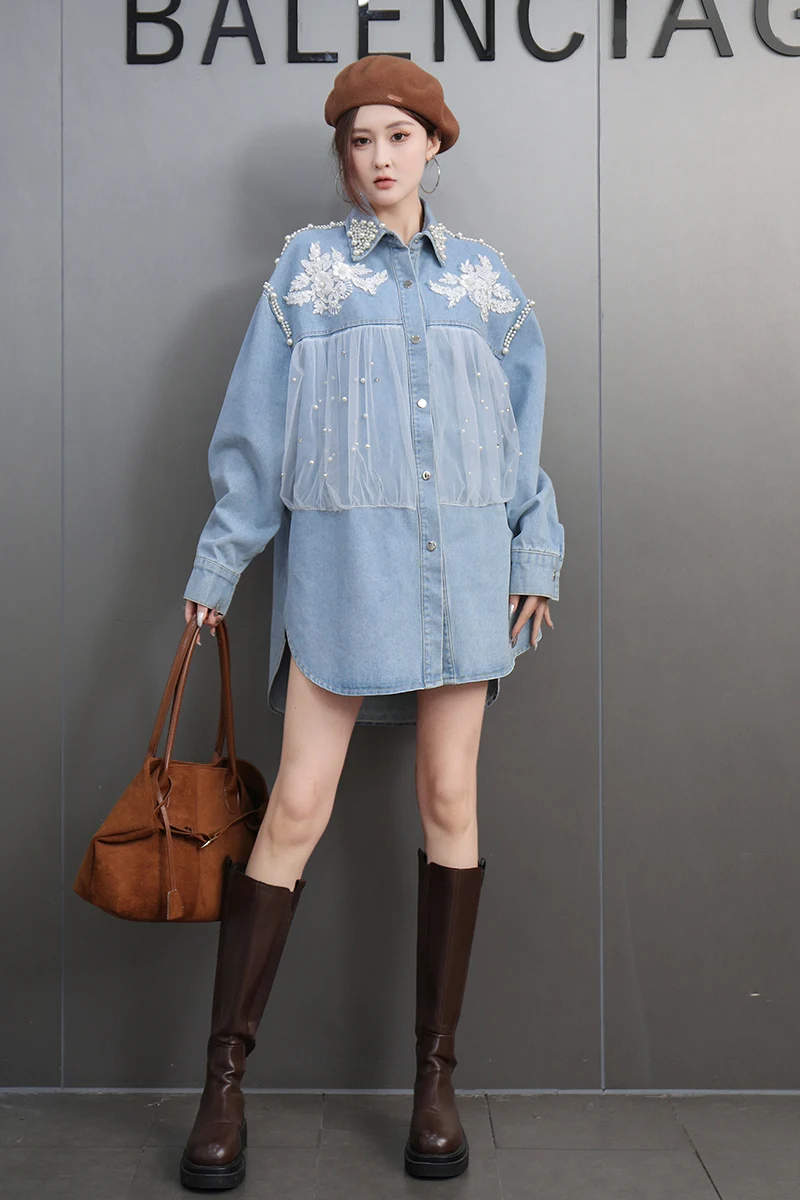 2025 Spring New Elegant Mesh Loose Flower Denim Shirts Women Casual Long Sleeve Top Female Wholesale J811
2025 Spring New Elegant Mesh Loose Flower Denim Shirts Women Casual Long Sleeve Top Female Wholesale J811