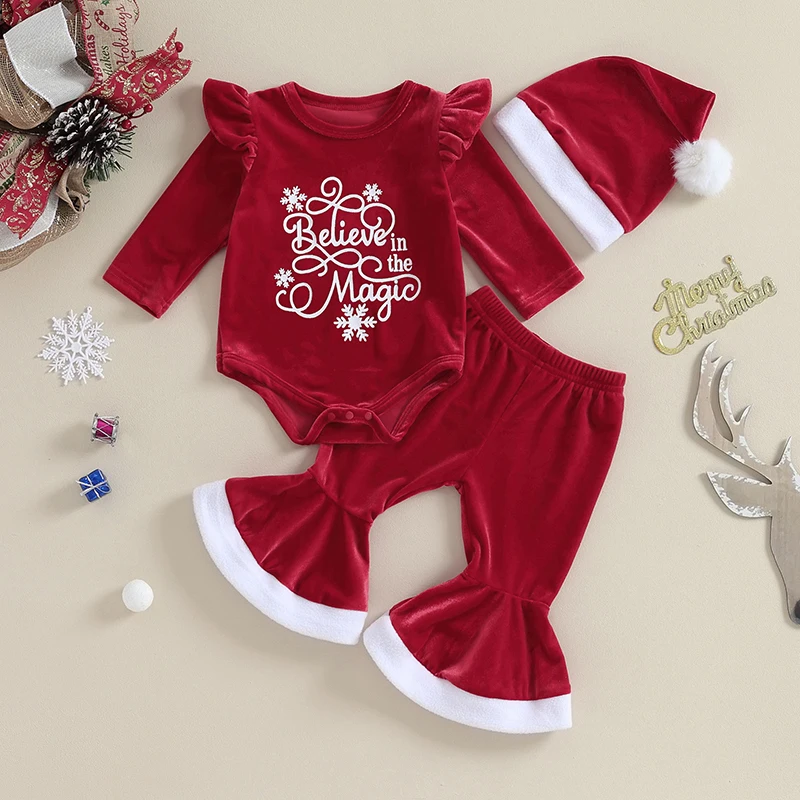 Suefunskry Infant Baby Girl Christmas Jumpsuit Outfits Long Sleeve Letter Print Romper + Flare Pants + Hat Santa Costume
Suefunskry Infant Baby Girl Christmas Jumpsuit Outfits Long Sleeve Letter Print Romper + Flare Pants + Hat Santa Costume