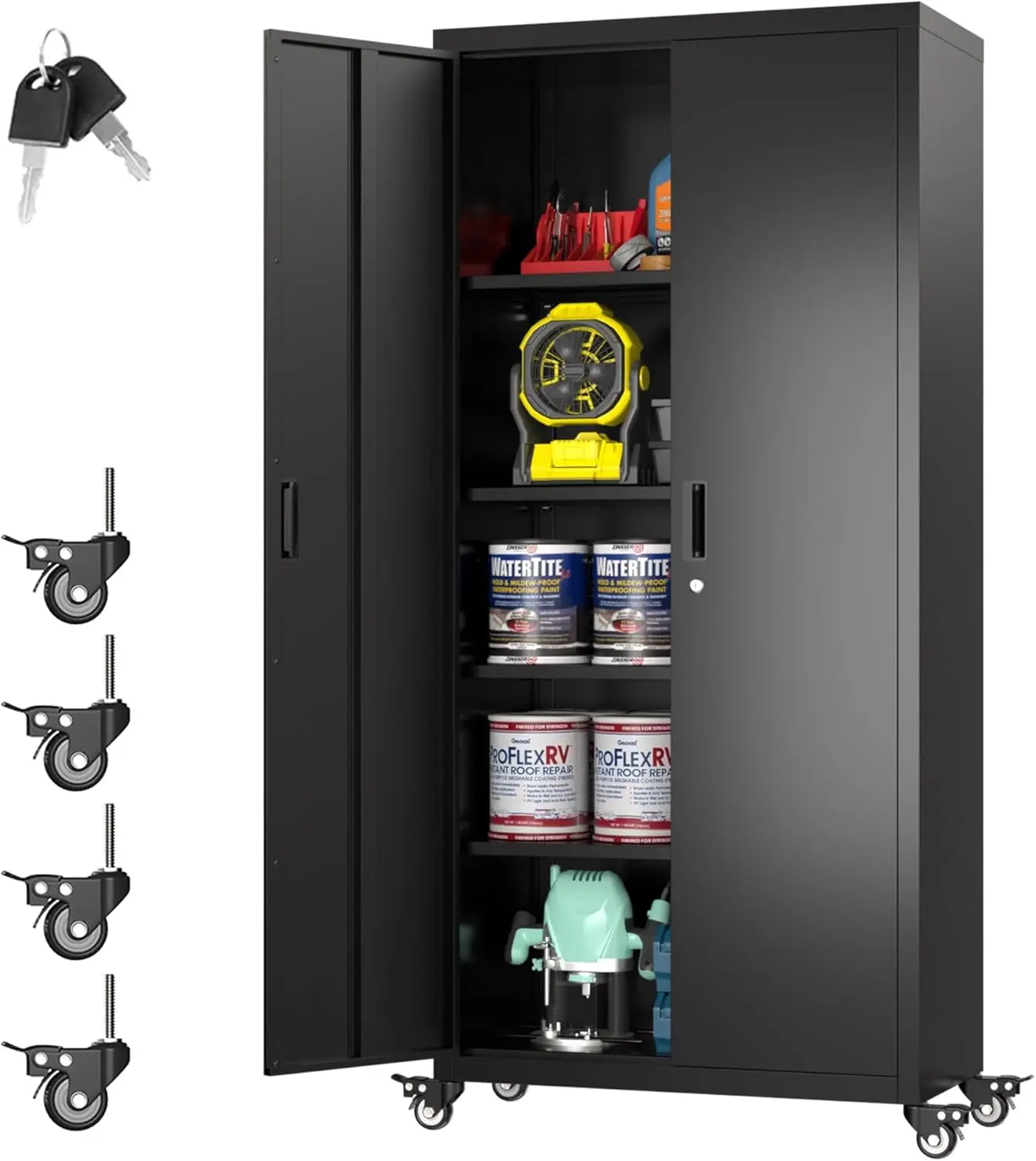 Garage Storage Cabinet with Optional Wheels,73" Metal Lockable File Cabinet with 2 Doors and 4 Adjustable Shelves,Tool Storage,
Garage Storage Cabinet with Optional Wheels,73" Metal Lockable File Cabinet with 2 Doors and 4 Adjustable Shelves,Tool Storage,