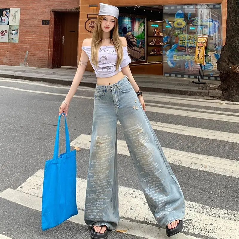 American-Style Letter Printing Ripped Long Jeans Women Spring Summer 2025 New High Street Loose Slimming Wide-Leg Floor Pants
American-Style Letter Printing Ripped Long Jeans Women Spring Summer 2025 New High Street Loose Slimming Wide-Leg Floor Pants