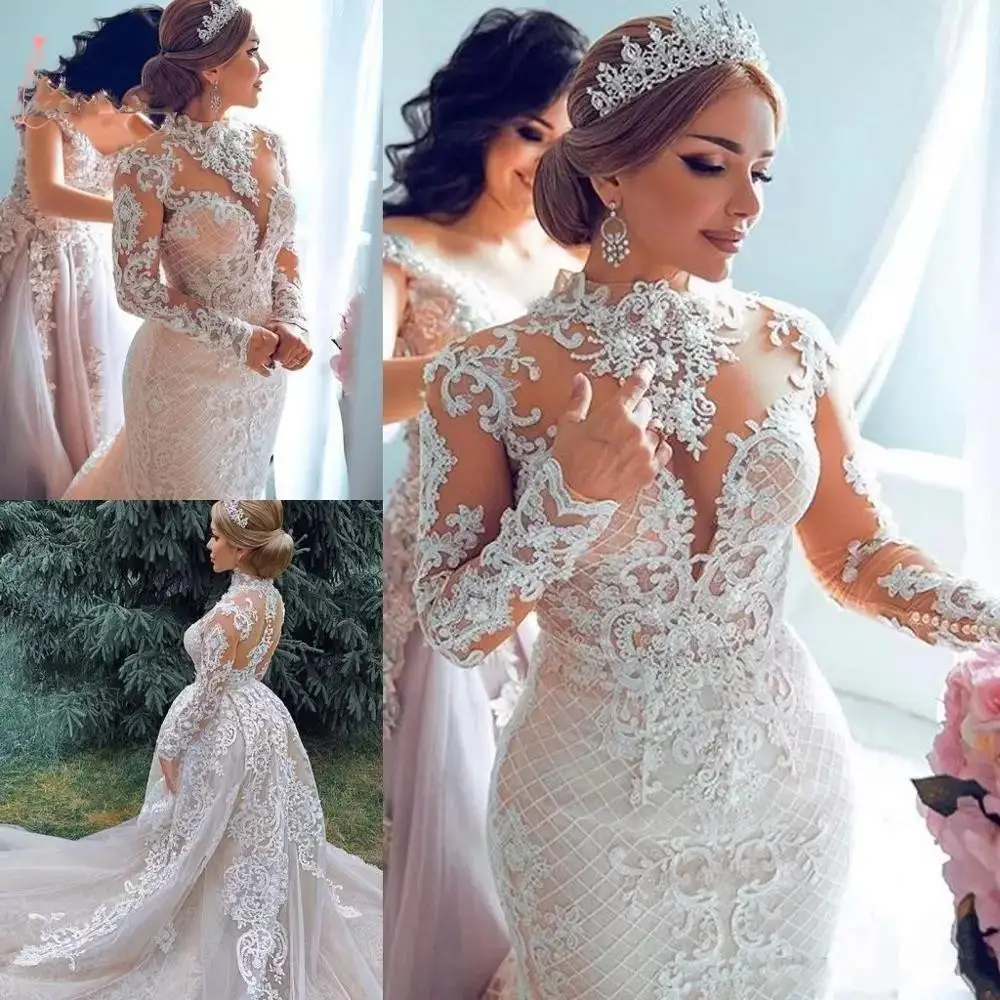 Arabic Dubai Mermaid Wedding Dresses with Detachable Train High Neck Lace Appliuqe Long Sleeves Plus Size Bridal Gowns
Arabic Dubai Mermaid Wedding Dresses with Detachable Train High Neck Lace Appliuqe Long Sleeves Plus Size Bridal Gowns