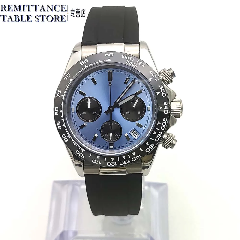 40MM Men's Watch, VK63 Movement, 3-Eye Chronograph Chronometer, Translucent Blue Sterile Dial, Solid Case Back
40MM Men's Watch, VK63 Movement, 3-Eye Chronograph Chronometer, Translucent Blue Sterile Dial, Solid Case Back