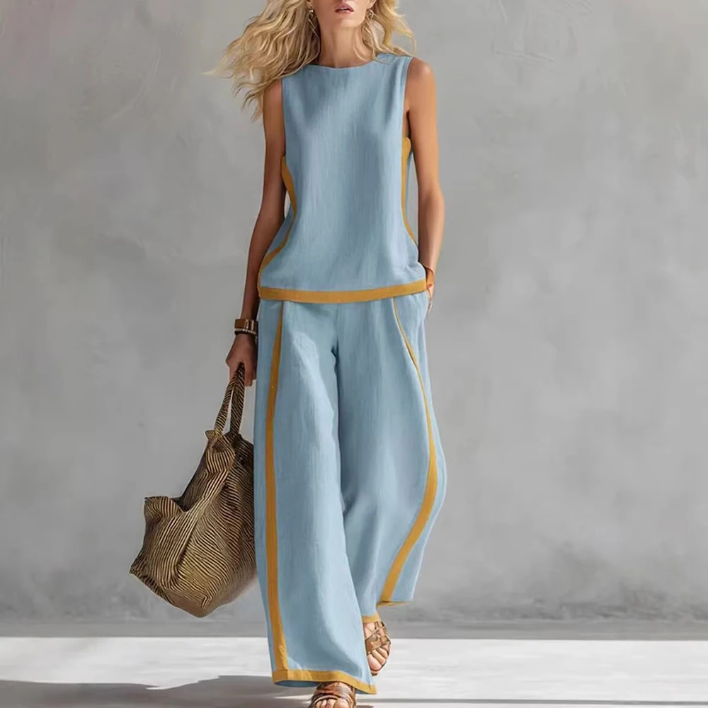 Women's Elegant Linen Blend Two Piece Set Sleeveless Contrast Trim Wide Leg Pants Vacation Summer Casual Wear Trousers Set Suits
Women's Elegant Linen Blend Two Piece Set Sleeveless Contrast Trim Wide Leg Pants Vacation Summer Casual Wear Trousers Set Suits