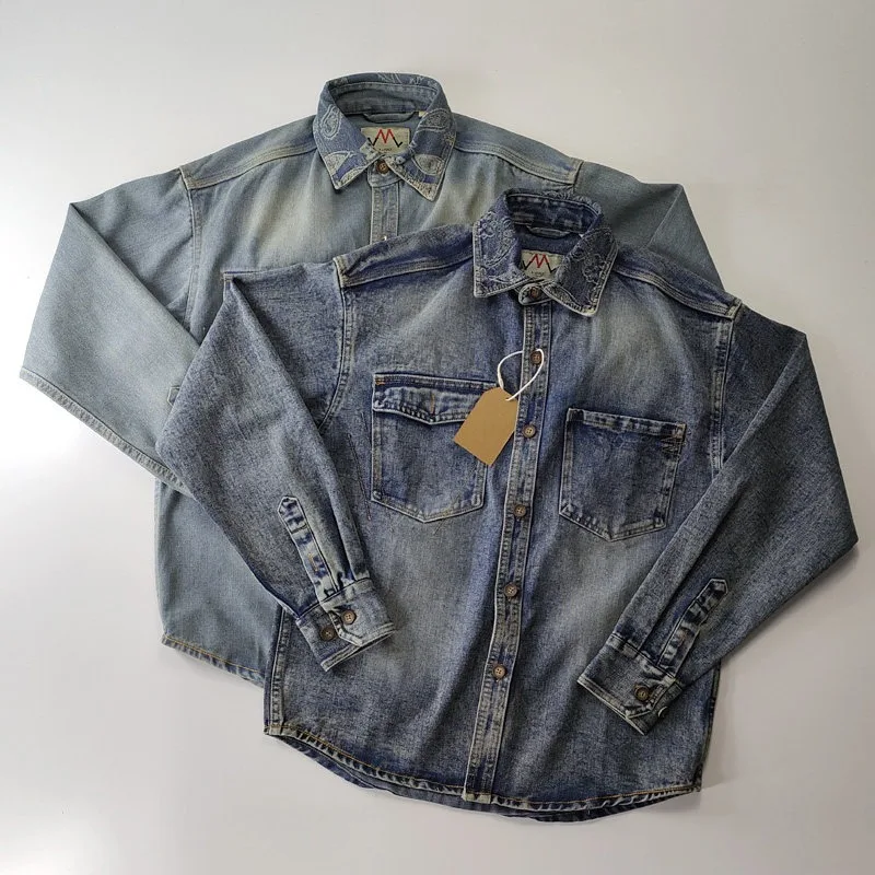 Retro Washed Denim Floral Embroidery Collar Loose Fit Men's Shirt Workwear Ameika Jacket Heavyweight Outerwear
Retro Washed Denim Floral Embroidery Collar Loose Fit Men's Shirt Workwear Ameika Jacket Heavyweight Outerwear