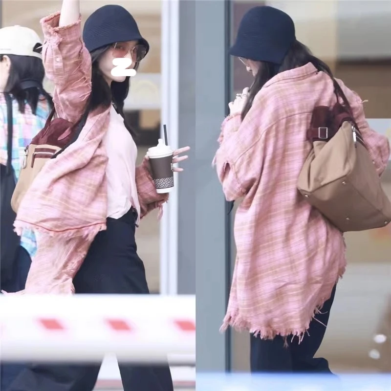 Pink Plaid Long Sleeve Shirt Jacket EXJR Lazy Loose Top Women's Business Casual Style Button Detail Collar Standard Length
Pink Plaid Long Sleeve Shirt Jacket EXJR Lazy Loose Top Women's Business Casual Style Button Detail Collar Standard Length
