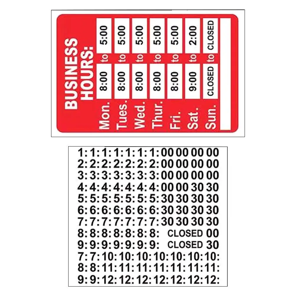 2 Pcs Business Hours Sticker Storefront Open Signs PVC Number Decorative Plates Shop Hours Display Retail Signage Office Door
2 Pcs Business Hours Sticker Storefront Open Signs PVC Number Decorative Plates Shop Hours Display Retail Signage Office Door
