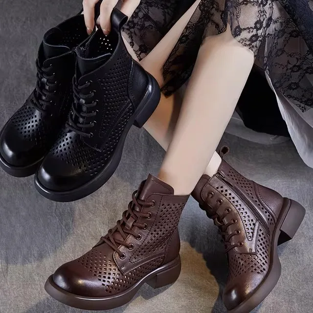 Genuine Leather Hollow out Boots Women's Clog Boots Slimming Booties High Top round Toe mid Heel Rubber Outsole
Genuine Leather Hollow out Boots Women's Clog Boots Slimming Booties High Top round Toe mid Heel Rubber Outsole