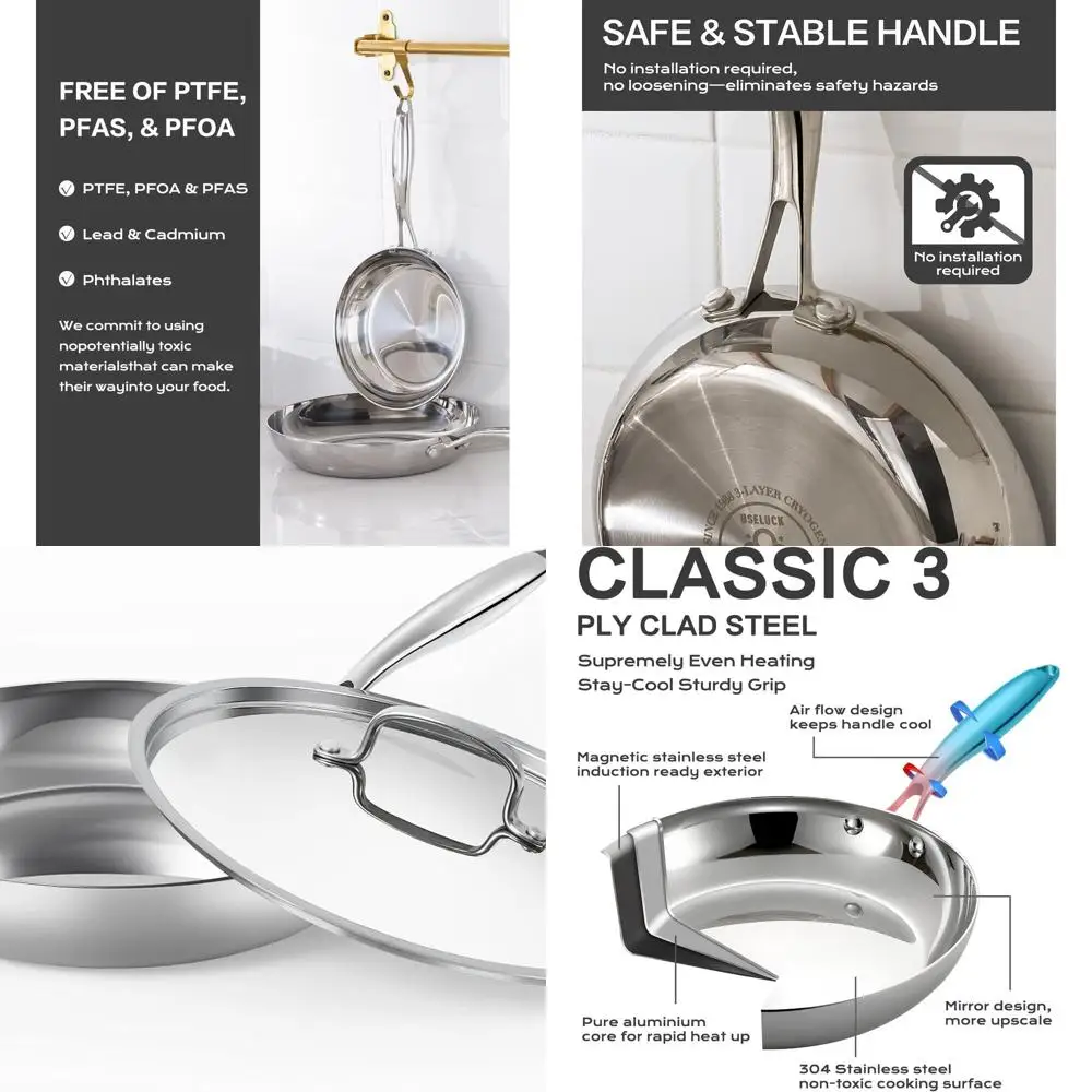 10 3-Ply Stainless Steel Fry Pan with Aluminum Core, Even Heat, Induction & Oven Safe, Dishwasher Compatible
10 3-Ply Stainless Steel Fry Pan with Aluminum Core, Even Heat, Induction & Oven Safe, Dishwasher Compatible