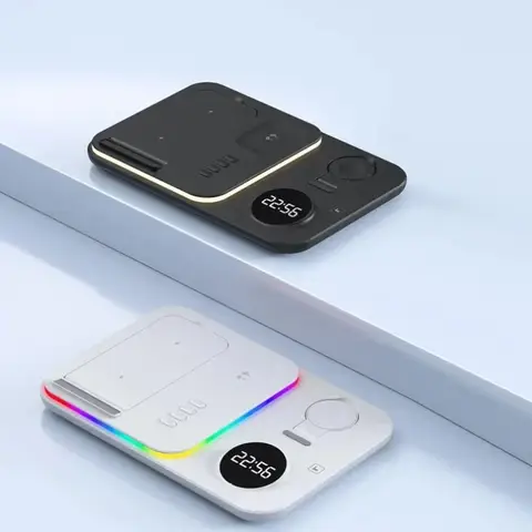 RGB Lighting Wireless Charging Station Built-in Clock Fast Charger Holder For iPhone 17-12 Pro Max Samsung S26 S25 Watch AirPods