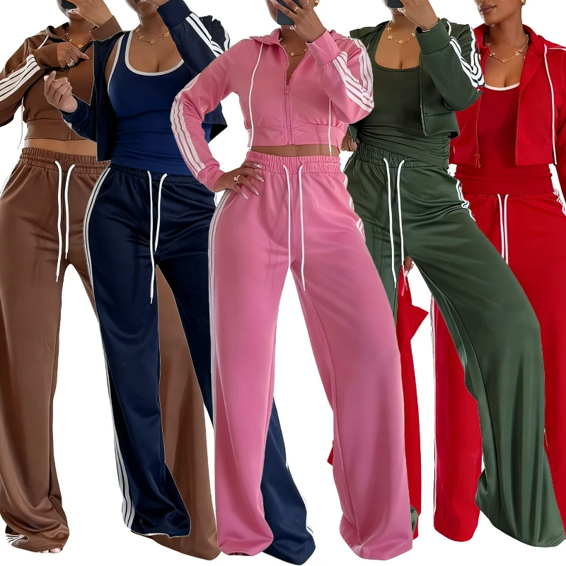 Two Piece Pant Sets Striped Short Coat Tracksuit Zipper Hooded Casual Sporty Suits Drawstring Wide Leg Pants Floor Length Autumn 
Two Piece Pant Sets Striped Short Coat Tracksuit Zipper Hooded Casual Sporty Suits Drawstring Wide Leg Pants Floor Length Autumn