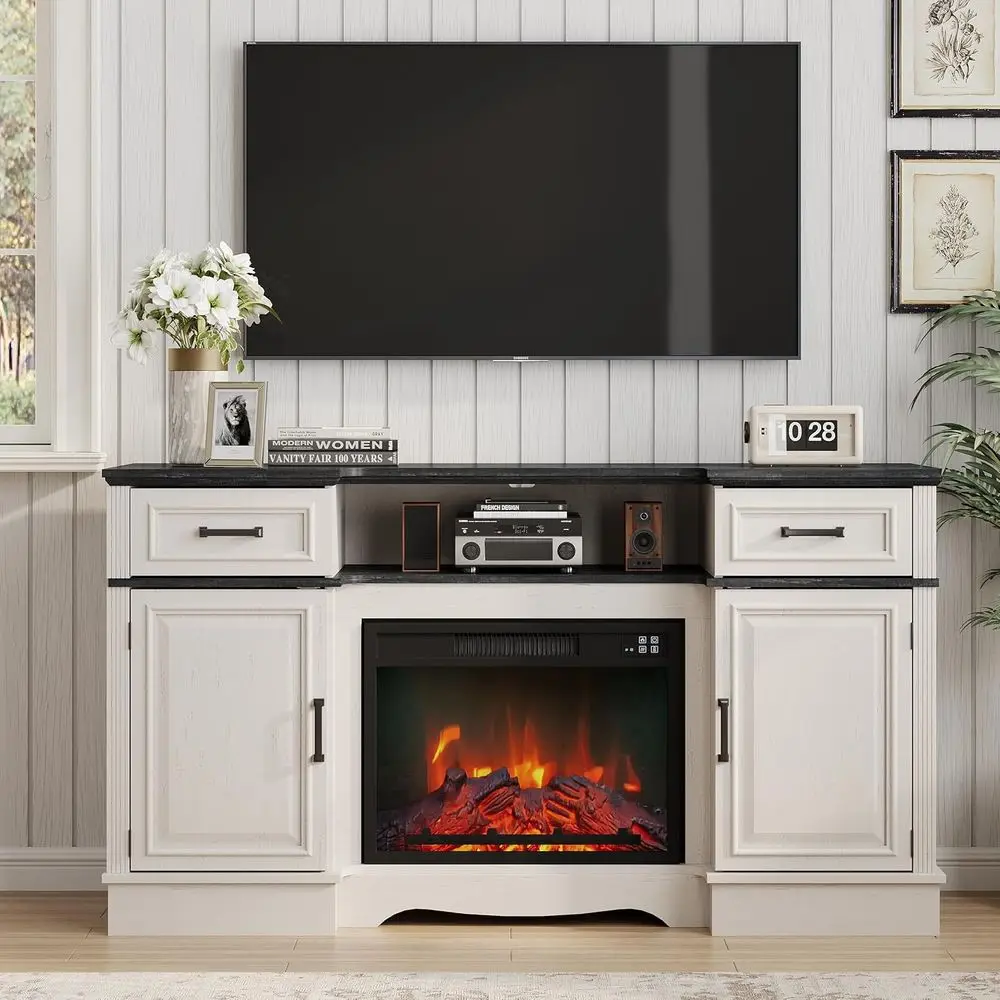 White Farmhouse Style TV Stand with 23 Electric Fireplace for 65 TVs, 2 Cabinets & 2 Drawers
White Farmhouse Style TV Stand with 23 Electric Fireplace for 65 TVs, 2 Cabinets & 2 Drawers