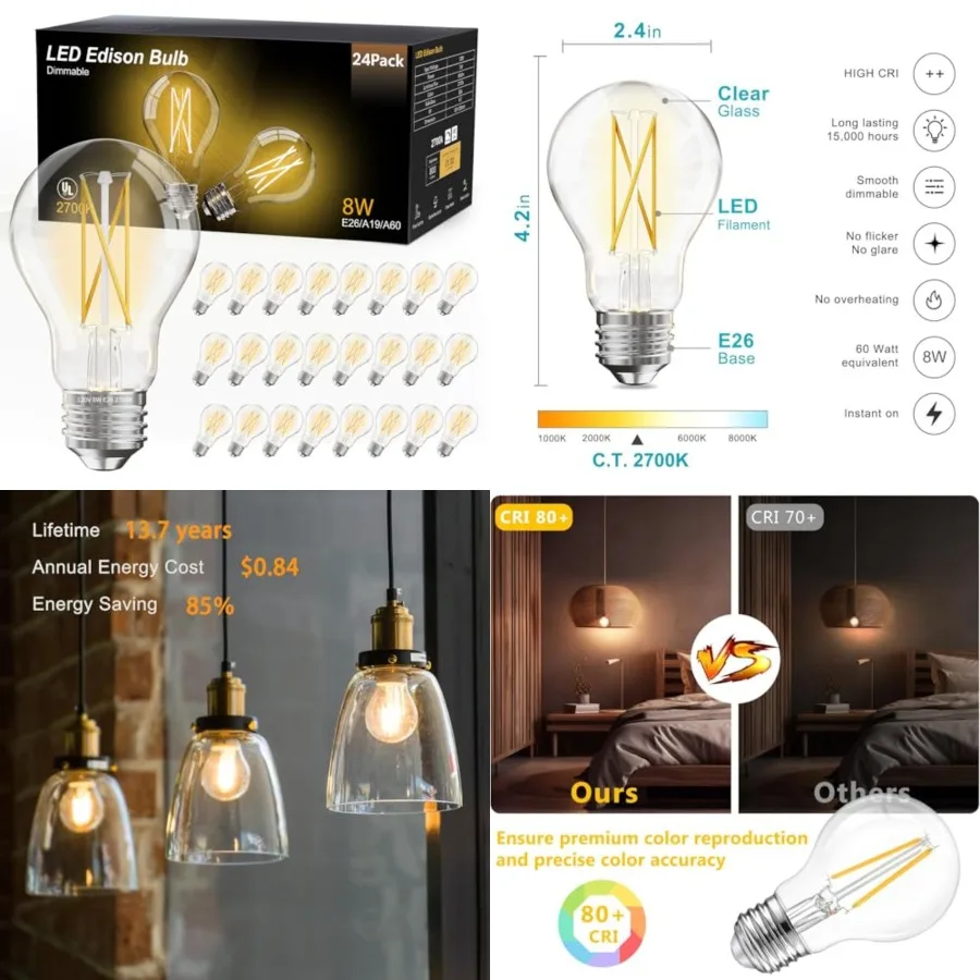 A19 Vintage LED Edison Bulbs, Dimmable, 60W Equivalent, High Brightness, 8W E26 Standard Base, 800 Lumens, CRI80+, Clear Glass
A19 Vintage LED Edison Bulbs, Dimmable, 60W Equivalent, High Brightness, 8W E26 Standard Base, 800 Lumens, CRI80+, Clear Glass