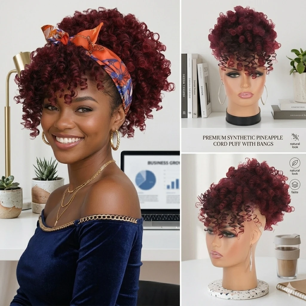 Short Curly Afro Puff DraIOtng Ponytail, Ombre Burgundy Synthetic Hair Bun with Bangs, Kinky Curly Updo Hairpiece for Women
Short Curly Afro Puff DraIOtng Ponytail, Ombre Burgundy Synthetic Hair Bun with Bangs, Kinky Curly Updo Hairpiece for Women