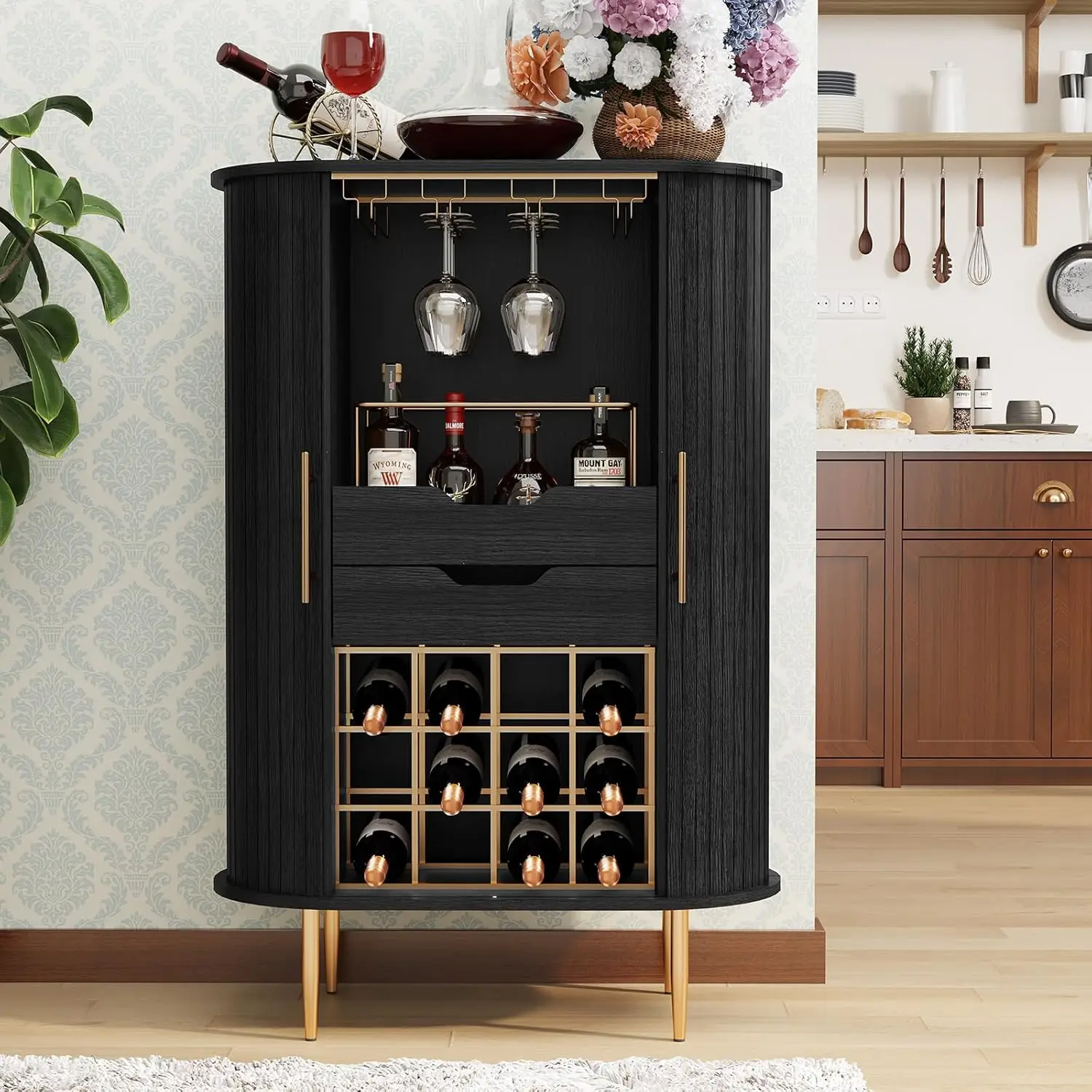 16-Bottle Tambour Door Wine Cabinet with Glass Rack & Coffee Station, Kitchen Living Room Storage, Custom
16-Bottle Tambour Door Wine Cabinet with Glass Rack & Coffee Station, Kitchen Living Room Storage, Custom