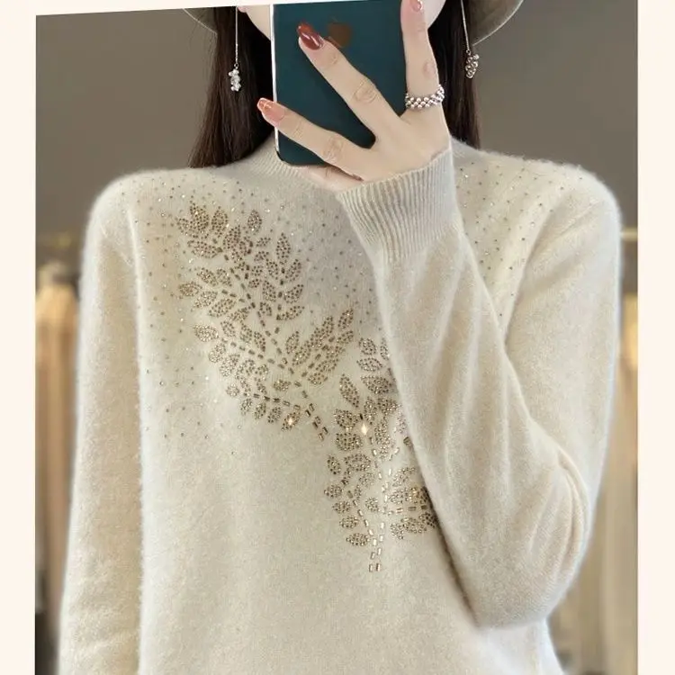 Semi-high-necked Sweater Women's Coat2025Autumn Winter New Western-style Knitwear Top Rhinestone Pullover Female Bottoming Shirt
Semi-high-necked Sweater Women's Coat2025Autumn Winter New Western-style Knitwear Top Rhinestone Pullover Female Bottoming Shirt