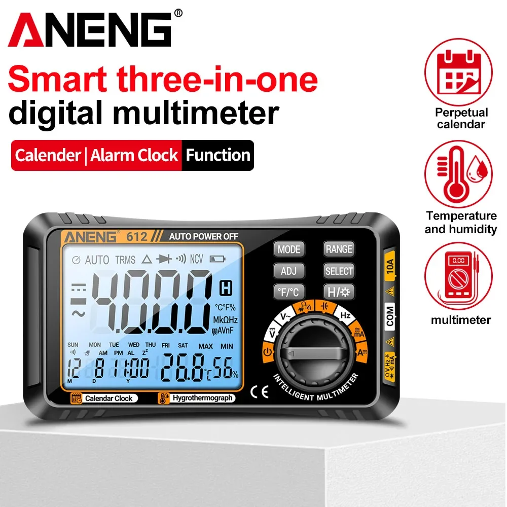 ANENG 612 Smart 3 in 1 4000 Counts Professional Tester with Perpetual Calendar Temperature Humidity Meter Ammeter Voltmeter
ANENG 612 Smart 3 in 1 4000 Counts Professional Tester with Perpetual Calendar Temperature Humidity Meter Ammeter Voltmeter