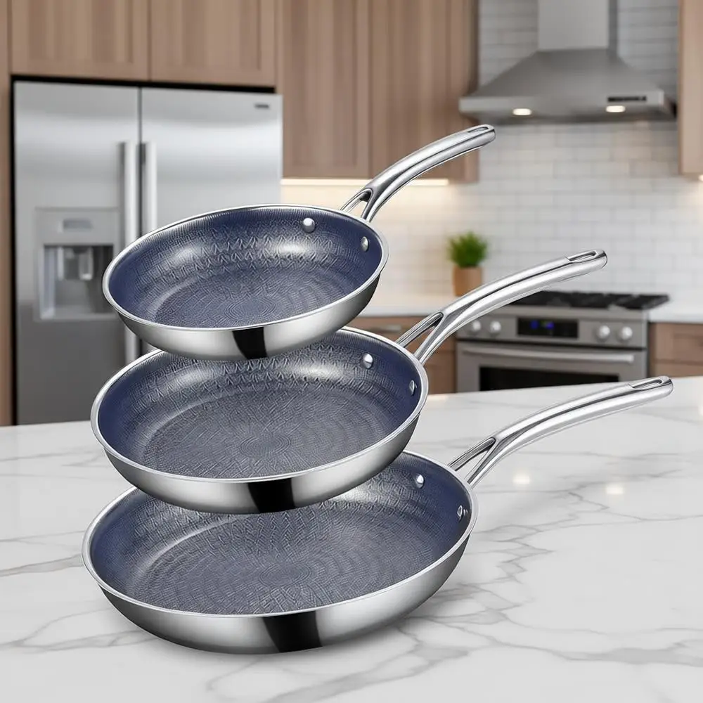 Triple-Stainless Steel Frying Pan Set, 8/9.5/11, PFOA-Free, Blue Interior, Dishwasher Safe, Induction Ready, Compatible with All
Triple-Stainless Steel Frying Pan Set, 8/9.5/11, PFOA-Free, Blue Interior, Dishwasher Safe, Induction Ready, Compatible with All