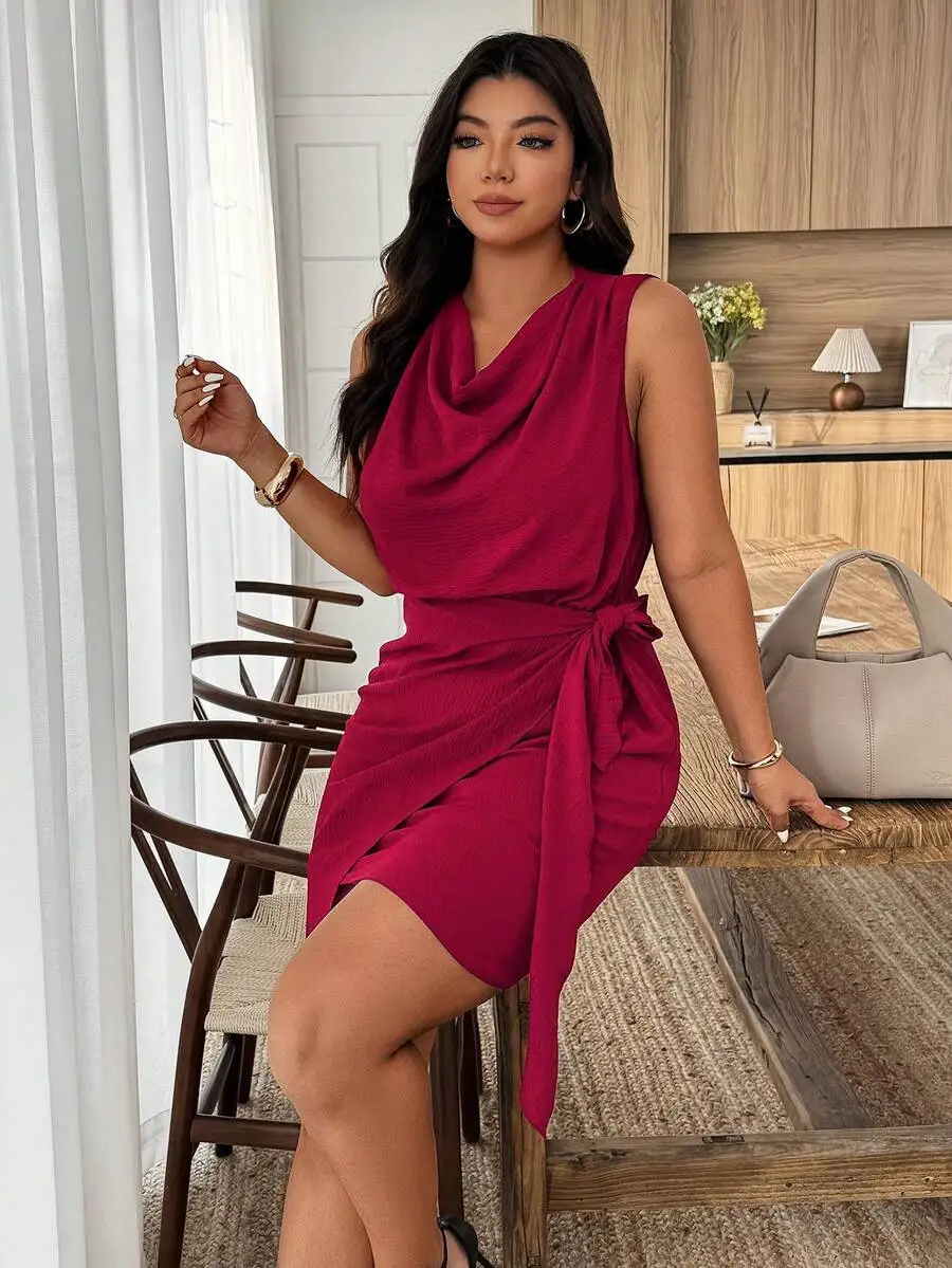Plus Size Solid Color Sleeveless Wrap Dress With Cowl Neck
Plus Size Solid Color Sleeveless Wrap Dress With Cowl Neck