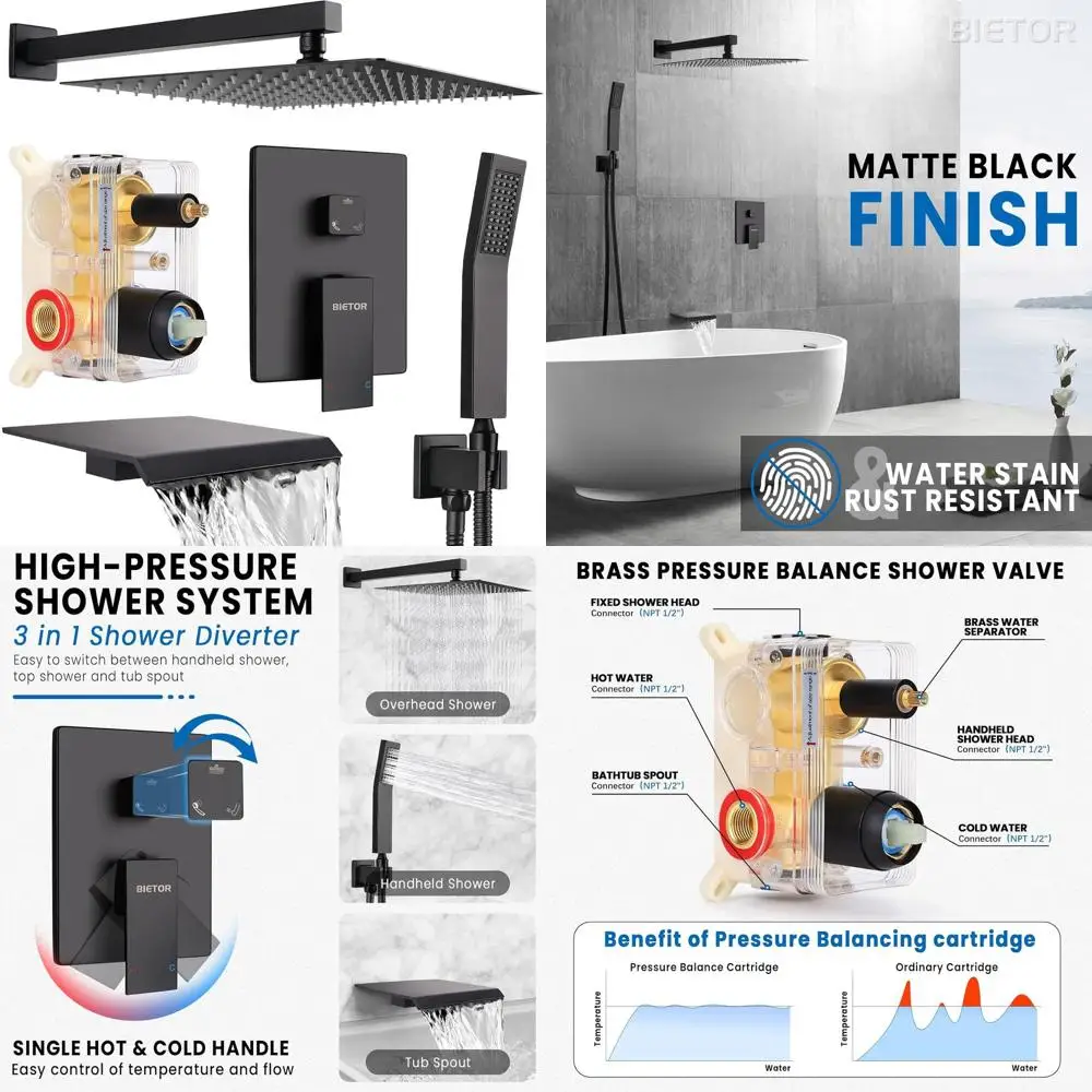 12-Inch Rainfall Shower System with Handheld, Tub Spout, Wall Mount, Black
12-Inch Rainfall Shower System with Handheld, Tub Spout, Wall Mount, Black