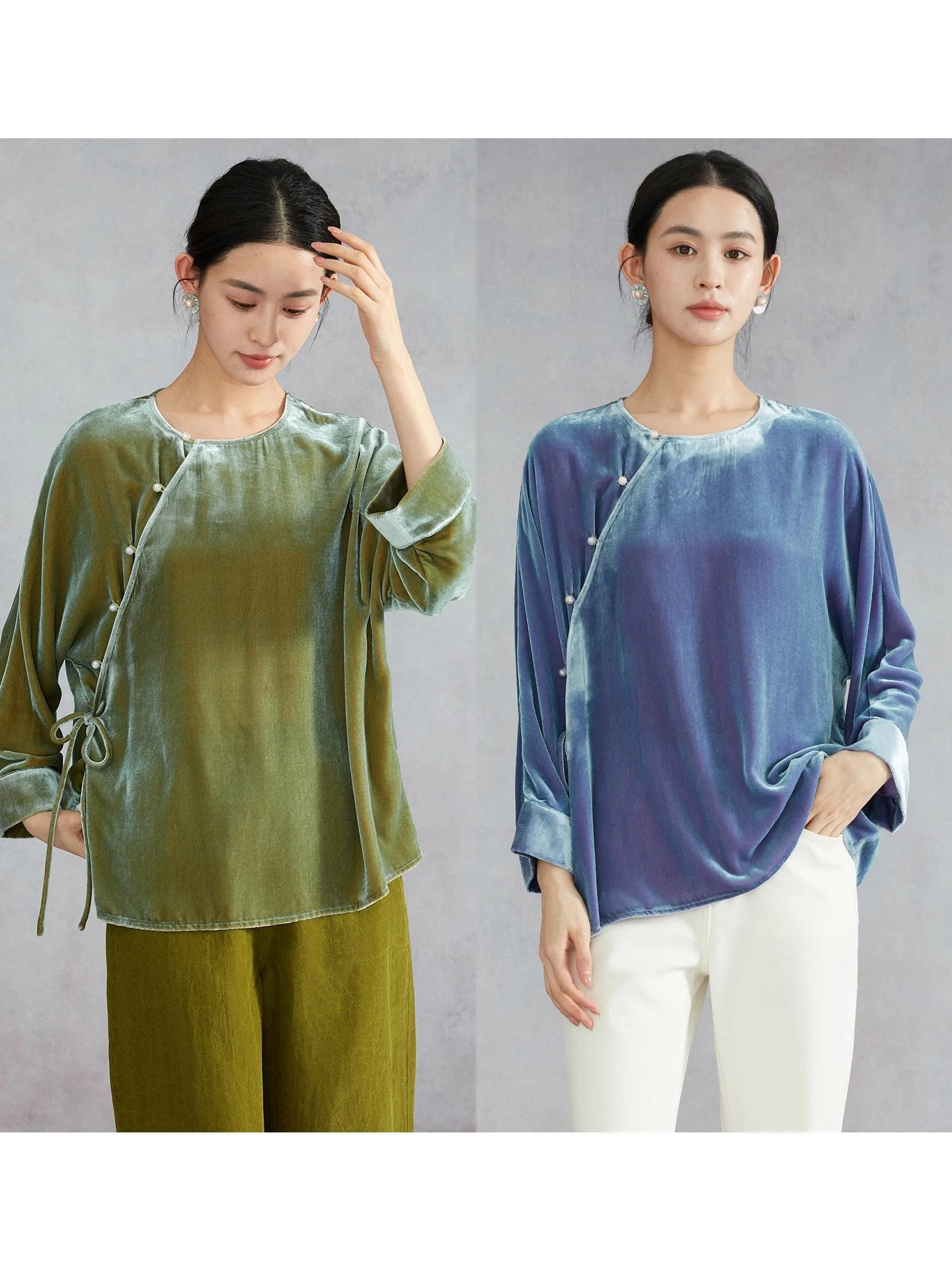 Silk Velvet round Neck Long Sleeve Top Women's New Chinese Style Silk Button Pearl Buckle Asymmetrical Front Opening
Silk Velvet round Neck Long Sleeve Top Women's New Chinese Style Silk Button Pearl Buckle Asymmetrical Front Opening