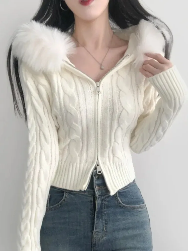 Chic Autumn Winter Thiened Zipper Fur Collar Hat Knitted Sweater Slim ort Twisted Woolen Coat Women's Faion Commute Sle
Chic Autumn Winter Thiened Zipper Fur Collar Hat Knitted Sweater Slim ort Twisted Woolen Coat Women's Faion Commute Sle