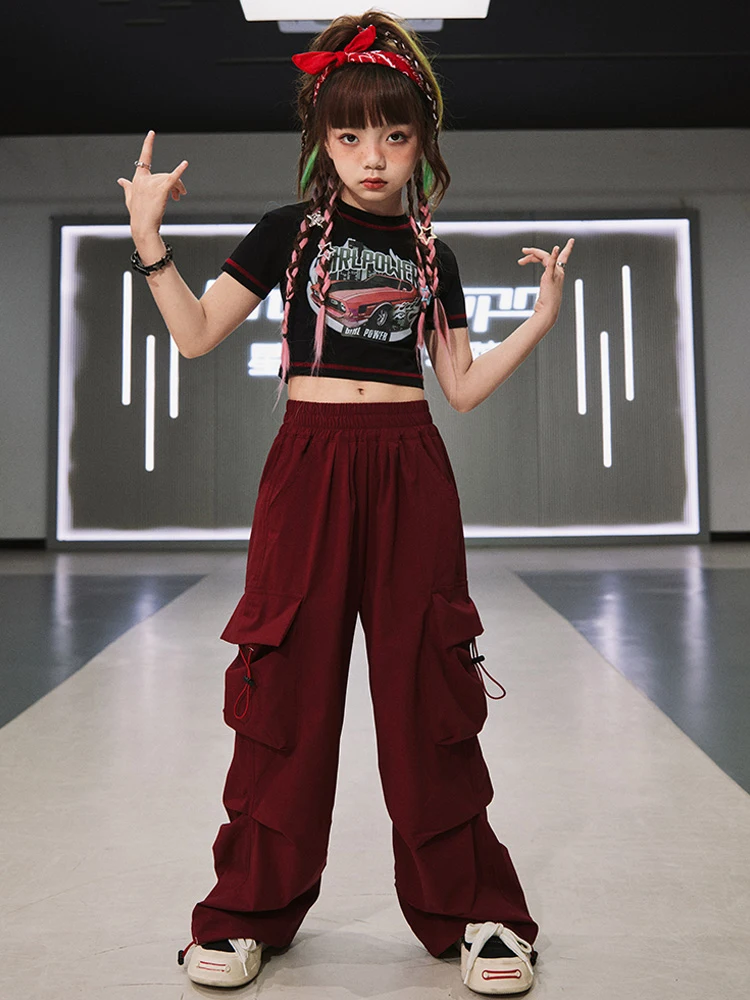 Kpop Jazz Dance Clothes For Girls Navel Tops Short Sleeves Burgundy Cargo Pants Kids Hip Hop Costume Performance Suit BL10953
Kpop Jazz Dance Clothes For Girls Navel Tops Short Sleeves Burgundy Cargo Pants Kids Hip Hop Costume Performance Suit BL10953